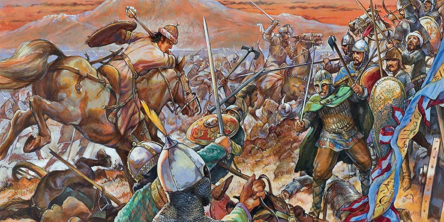 В какой битве персидское войско было окончательно. Битва при Малазгирте. Битва при Манцикерте 1071. Дидгорская битва картины. Византийцы против сельджуков.