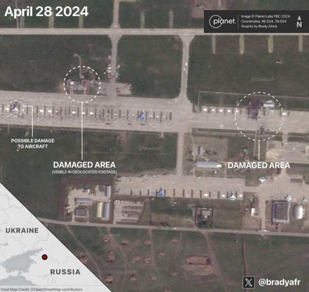 Компания Planet Labs опубликовала спутниковые снимки последствий удара украинских беспилотников по аэродрому Кущёвская в Краснодарском крае. - «Новости»